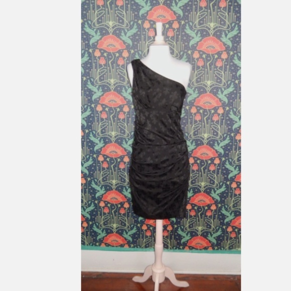 Nicole Miller Collection One Shoulder Dress Black Fleur De Lis Jacquard Cocktail